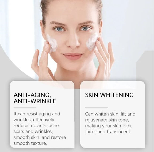 Woman applying vitamin C face cream for anti-aging and skin whitening benefits.