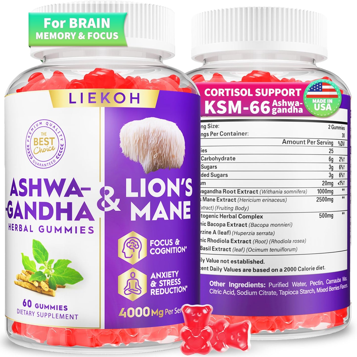 Ashwagandha & Lion’s Mane Gummies - Cognitive & Immune Boost - Berry Flavor
