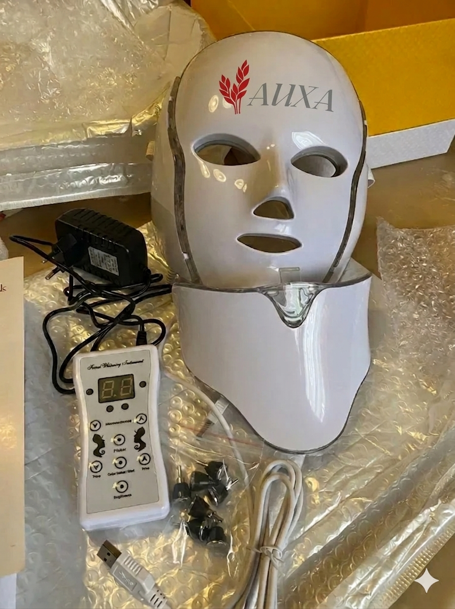 7-Color LED Skincare Mask with Neck Attachment – Full Face & Neck