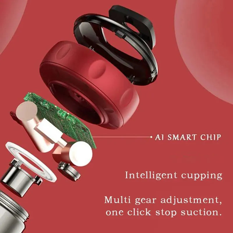 Smart Cupping Massager on back for muscle relief, Smart Cupping Massager showing adjustable suction