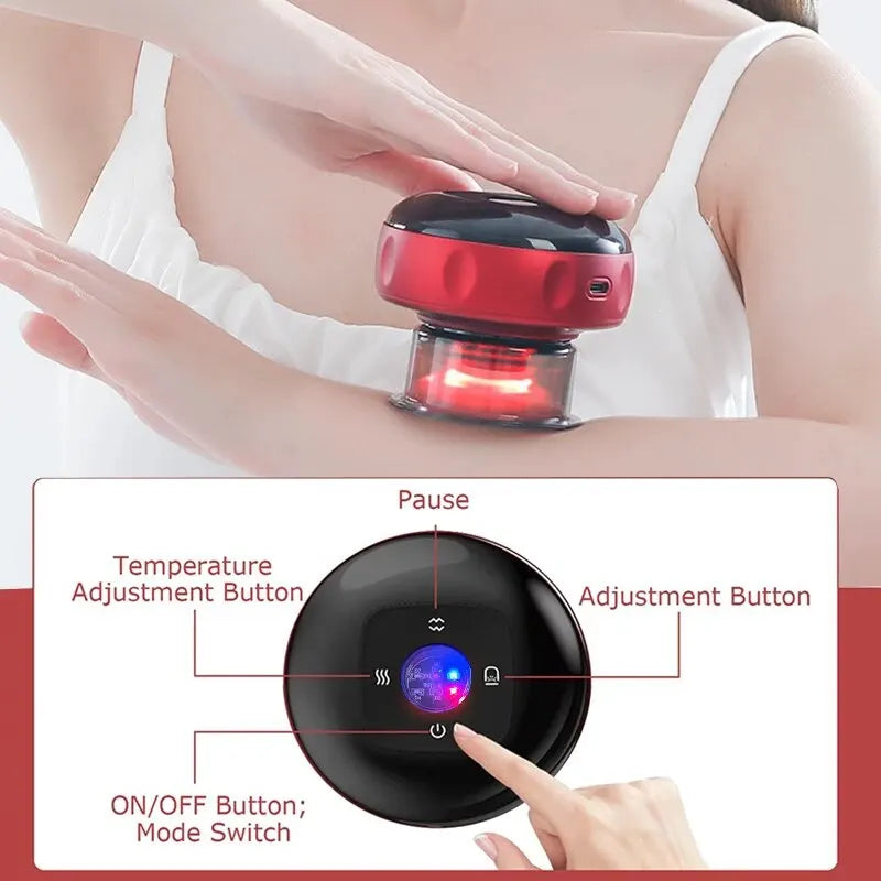 Smart Cupping Massager on back for muscle relief, Smart Cupping Massager showing adjustable suction