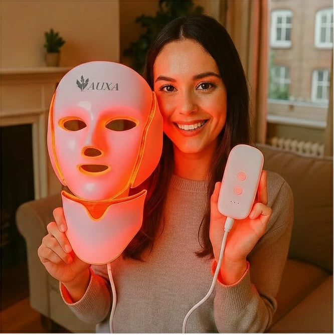 LED Face Mask with Neck Attachment on model